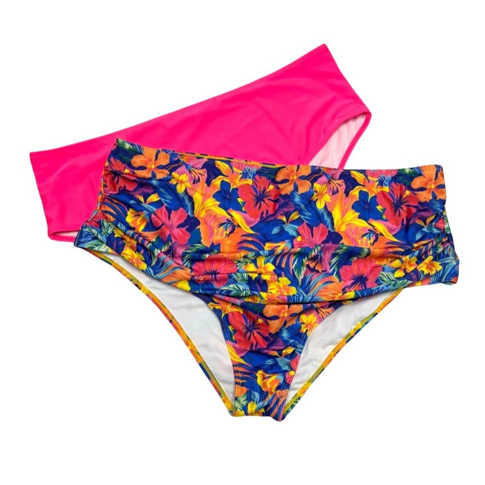 2 Pack Womens Size 4XL High Waist Bikini Bottoms Bright Floral & Solid Pink New